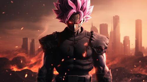 Goku black, divine, super saiyan, pink hair, godly purple aura, destroyed city, pose, dynamic, flames, grining, merciless, HD, dragon ball super, masterpiece, evil, shining purple aura, red belt, divine justice, energy scythe, pink scythe, detailed face, detailed background, detailed scythe, detailed hair