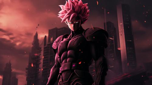 Goku black, divine, super saiyan, pink hair, godly purple aura, destroyed city, pose, dynamic, flames, grining, merciless, HD, dragon ball super, masterpiece, evil, shining purple aura, red belt, divine justice, energy scythe, pink scythe, detailed face, detailed background, detailed scythe, detailed hair