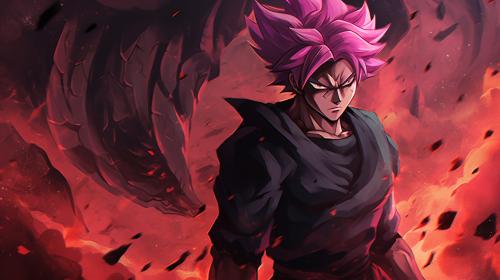 Goku black, divine, super saiyan, pink hair, godly purple aura, destroyed city, pose, dynamic, flames, grining, merciless, HD, dragon ball super, masterpiece, evil, shining purple aura, red belt, divine justice, energy scythe, pink scythe, detailed face, detailed background, detailed scythe, detailed hair