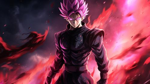 Goku black, divine, super saiyan, pink hair, godly purple aura, destroyed city, pose, dynamic, flames, grining, merciless, HD, dragon ball super, masterpiece, evil, shining purple aura, red belt, divine justice, energy scythe, pink scythe, detailed face, detailed background, detailed scythe, detailed hair