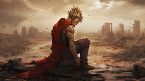 Future gohan, super saiyan, destroyed city, raining, 1 arm, serious, torn clothes, exhausted, heroic, last stand, desperate, masterpiece, beaten up, blood, iconic pose