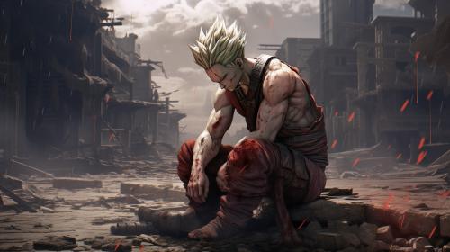 Future gohan, super saiyan, destroyed city, raining, 1 arm, serious, torn clothes, exhausted, heroic, last stand, desperate, masterpiece, beaten up, blood, iconic pose