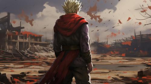 Future gohan, super saiyan, destroyed city, raining, 1 arm, serious, torn clothes, exhausted, heroic, last stand, desperate, masterpiece, beaten up, blood, iconic pose