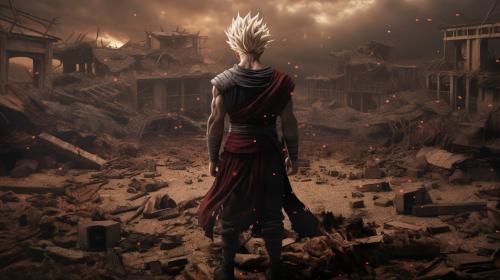 Future gohan, super saiyan, destroyed city, raining,1 armed,dark sky, goku clothes, serious, torn clothes, exhausted, heroic, last stand, desperate, masterpiece, beaten up, blood, iconic pose