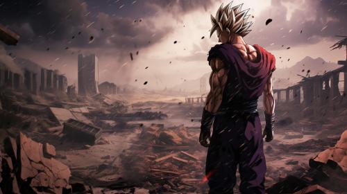 Future gohan, super saiyan, destroyed city, raining,1 armed,dark sky, goku clothes, serious, torn clothes, exhausted, heroic, last stand, desperate, masterpiece, beaten up, blood, iconic pose