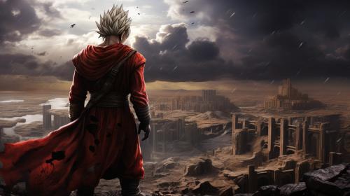 Future gohan, super saiyan, destroyed city, raining,1 armed,dark sky, goku clothes, serious, torn clothes, exhausted, heroic, last stand, desperate, masterpiece, beaten up, blood, iconic pose