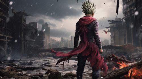 Future gohan, super saiyan, destroyed city, raining,1 armed,dark sky, goku clothes, serious, torn clothes, exhausted, heroic, last stand, desperate, masterpiece, beaten up, blood, iconic pose, anime style