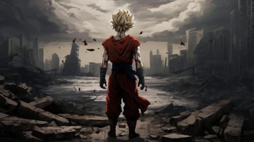 Future gohan, super saiyan, destroyed city, raining,1 armed,dark sky, goku clothes, serious, torn clothes, exhausted, heroic, last stand, desperate, masterpiece, beaten up, blood, iconic pose, anime style