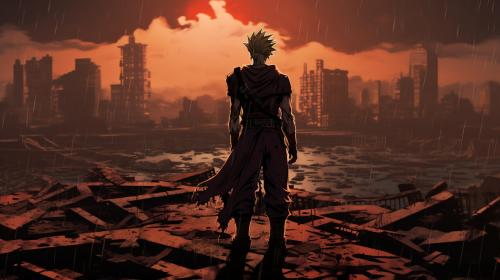 Future gohan, super saiyan, destroyed city, raining,1 armed,dark sky, goku clothes, serious, torn clothes, exhausted, heroic, last stand, desperate, masterpiece, beaten up, blood, iconic pose, anime style