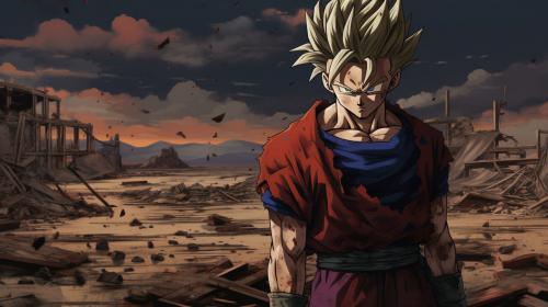 Future gohan, super saiyan, destroyed city, raining,1 armed,dark sky, goku clothes, serious, torn clothes, exhausted, heroic, last stand, desperate, masterpiece, beaten up, blood, iconic pose, anime style