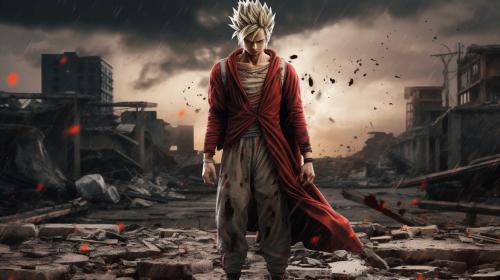 Future gohan, super saiyan, destroyed city, raining, lost 1 arm,dark rainy sky, goku clothes, serious, torn clothes, exhausted, heroic, last stand, masterpiece, beaten up, blood, iconic pose, anime style, dragon ball z