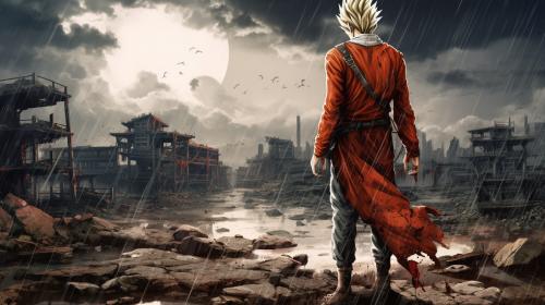 Future gohan, super saiyan, destroyed city, raining, lost 1 arm,dark rainy sky, goku clothes, serious, torn clothes, exhausted, heroic, last stand, masterpiece, beaten up, blood, iconic pose, anime style, dragon ball z