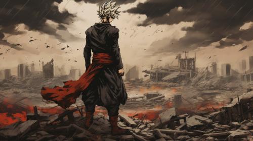 Future gohan, super saiyan, destroyed city, raining, lost 1 arm,dark rainy sky, goku clothes, serious, torn clothes, exhausted, heroic, last stand, masterpiece, beaten up, blood, hopeful pose, anime, dragon ball z