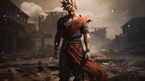 Future gohan, super saiyan, destroyed city, raining, lost 1 arm,dark rainy sky, goku clothes, serious, torn clothes, exhausted, heroic, last stand, masterpiece, beaten up, blood, hopeful pose, anime, dragon ball z