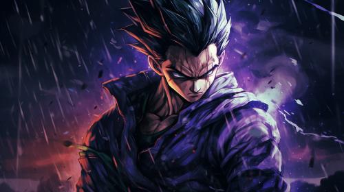 Future gohan resisting defeat,gloomy, super saiyan, destroyed city, raining, has 1 arm,dark rainy sky, goku clothes, serious, torn clothes, exhausted, heroic, masterpiece, beaten up, blood, fighting pose, anime, dragon ball z future gohan, details,