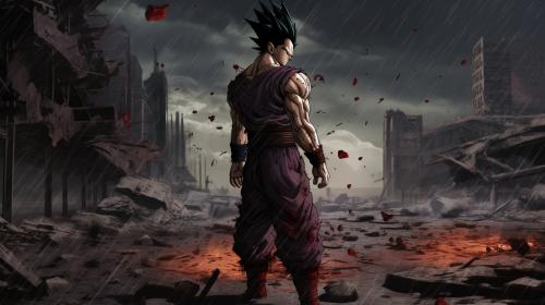 Future gohan resisting defeat,gloomy, super saiyan, destroyed city, raining, has 1 arm,dark rainy sky, goku clothes, serious, torn clothes, exhausted, heroic, masterpiece, beaten up, blood, fighting pose, anime, dragon ball z future gohan, details,