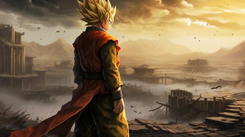 Future gohan resisting defeat,gloomy, super saiyan,yellow hair destroyed city, raining, has 1 arm,dark rainy sky, goku clothes, serious, torn clothes, exhausted, heroic, masterpiece, beaten up, blood, fighting pose, anime, dragon ball z future gohan, details,