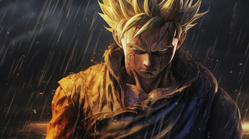 Future gohan resisting defeat,gloomy, super saiyan,yellow hair destroyed city, raining, has 1 arm,dark rainy sky, goku clothes, serious, torn clothes, exhausted, heroic, masterpiece, beaten up, blood, fighting pose, anime, dragon ball z future gohan, details,