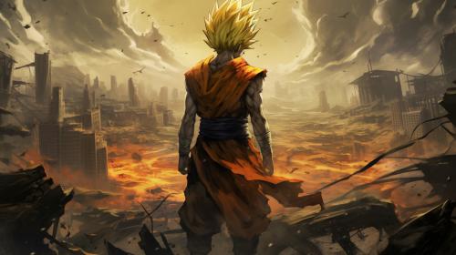 Future gohan resisting defeat,gloomy, super saiyan,yellow hair destroyed city, raining, has 1 arm,dark rainy sky, goku clothes, serious, torn clothes, exhausted, heroic, masterpiece, beaten up, blood, fighting pose, anime, dragon ball z future gohan, details,