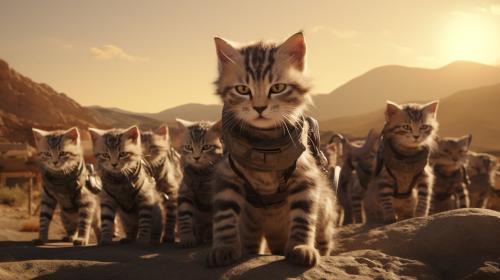 Creey Cute psycho Cats are the last Survivors on earth after they won the last battle against Humans, Predators and Gremmlins.  4k uhd Ultrarealistk cinematic epic