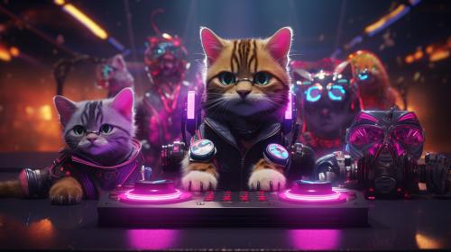 Cute Freakshow Cyberpunk Cats have much fun on a Rave Party 4k Uhd Ultra realistic Cinematic HDR