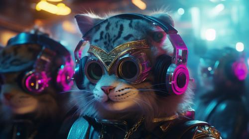 Cute Freakshow Cyberpunk Cats have much fun on a Rave Party 4k Uhd Ultra realistic Cinematic HDR