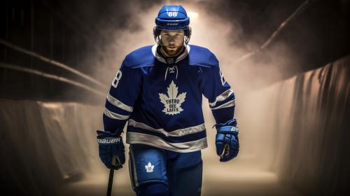 Toronto maple leaf hockey player with number 98 on the back and the name BURGER walking down tunnel to the ice rink for the game