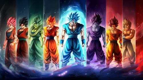 Goku, different tranformations in background, base form, super Saiyan, super Saiyan 2, super Saiyan 3, super Saiyan 4, super Saiyan god, super Saiyan blue, super Saiyan blue kaioken, ultra intinct omen, mastered ultra instinct, fighting stance, confident smile, masterpiece, perfect details, refections of forms, white background, water floor, calm water, reflections in water