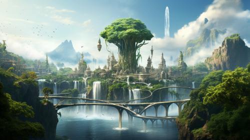 Elven floating island cities with waterfalls and vines