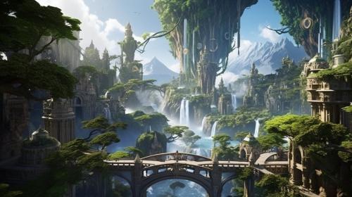 Elven floating island cities with waterfalls and vines