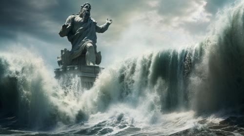 Atlantis above watercrashing wavesStatues