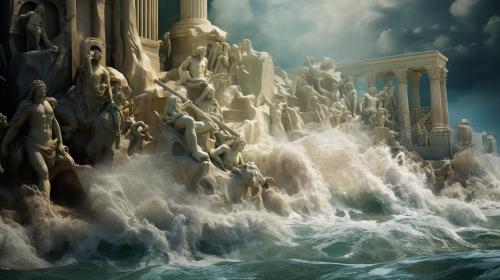 Atlantis above watercrashing wavesStatues