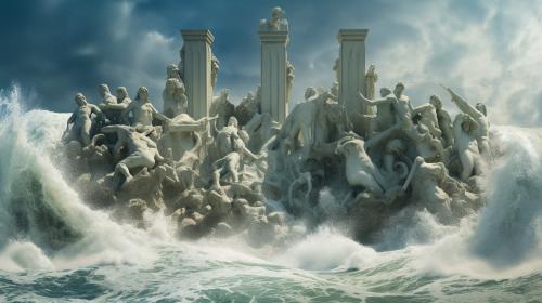 Atlantis above watercrashing wavesStatues