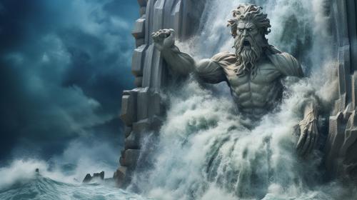 Atlantis above watercrashing wavesStatues