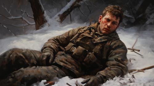 Hurt soldier lying in snow