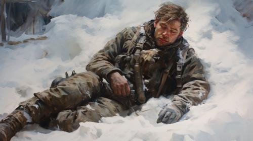 Hurt soldier lying in snow