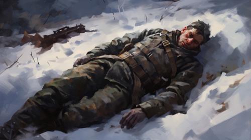 Hurt soldier lying in snow