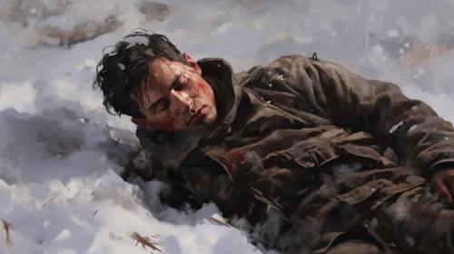 Hurt soldier lying in snow