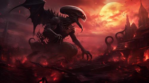 Xenomorph mutated with venom. Fighting batman in a cosmic sea of ​​skulls during a red sunset