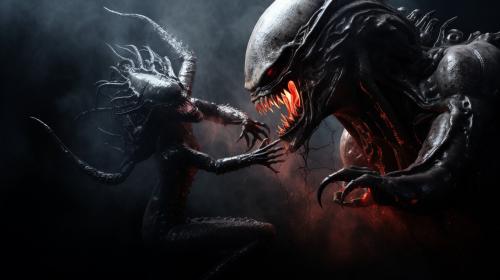 Realistic photo of Xenomorph Fighting with an exorcist in a cosmic dark world