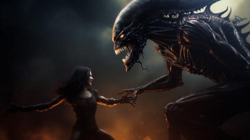 Realistic photo of Xenomorph Fighting with an exorcist in a cosmic dark world