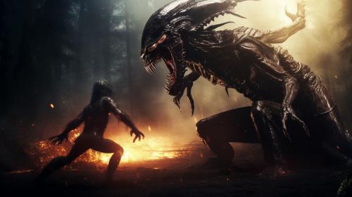 Realistic photo of Xenomorph Fighting with an exorcist in a cosmic dark world