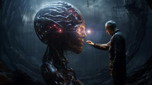  man brain with exorcist in space dark jurassic park 8k cyberpunk