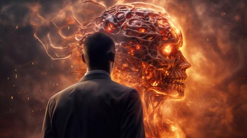  man brain with exorcist in hell devil watching 8k cyberpunk