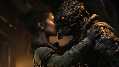  exorcist in dead space kissing with the Anubis 8k photorealism