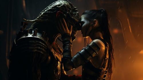  exorcist in dead space kissing with the Anubis 8k photorealism