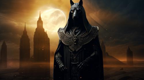 Anubis horror Egipt at night dark priest planets at background souls photorealism