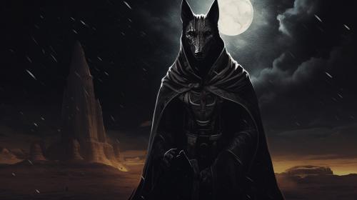 Anubis exorcism horror Egipt at night dark priest planets at background souls of dead soldiers pencil drawing