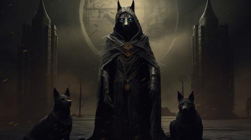 Anubis exorcism horror Egipt at night dark priest planets at background souls of dead soldiers pencil drawing