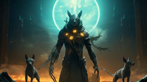 Anubis exorcism horror Egipt at night dark priest planets at background souls of dead soldiers cyberpunk science fiction style